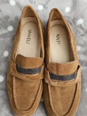 Vaneli Tan Suede Loafers with Dark Metallic Accent